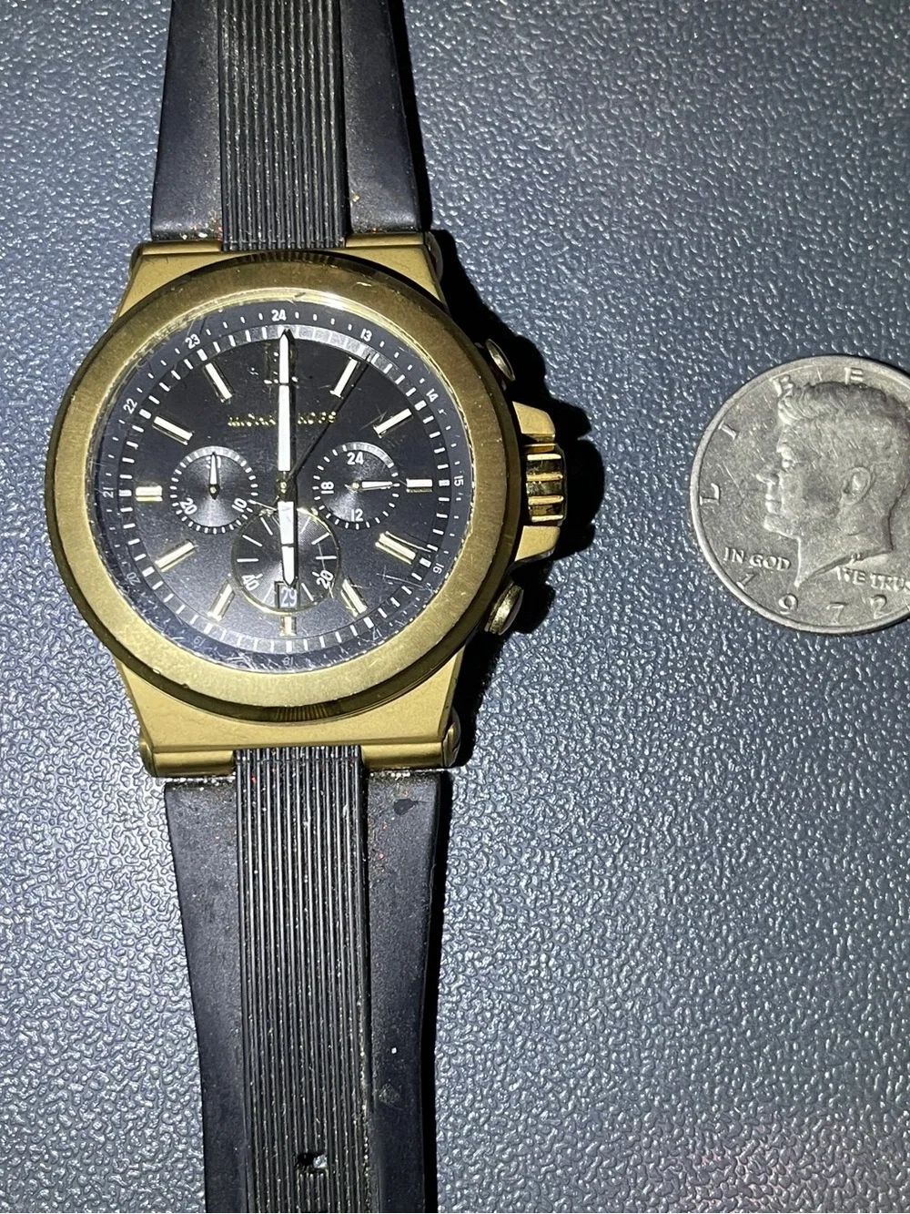 Michael Kors Gold-Tone Chronograph Watch with Black Dial and Black Strap